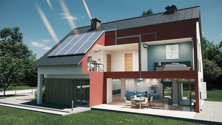 Intérieur d'un foyer équipé de panneaux solaires